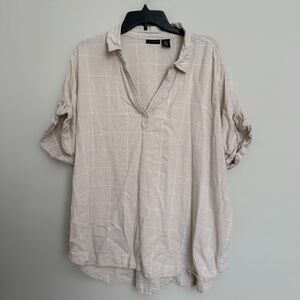Tahari Beige Windowpane Plaid Linen Blend Popover Top Plus Size 2X Coastal